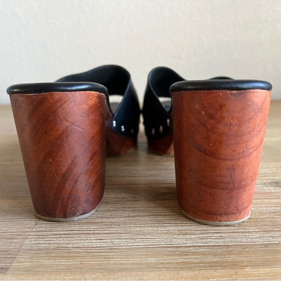 Mango Shoes Womens 7.5 Black Leather Chunky Wood Studded Platform Block Heel - Picture 11 of 16